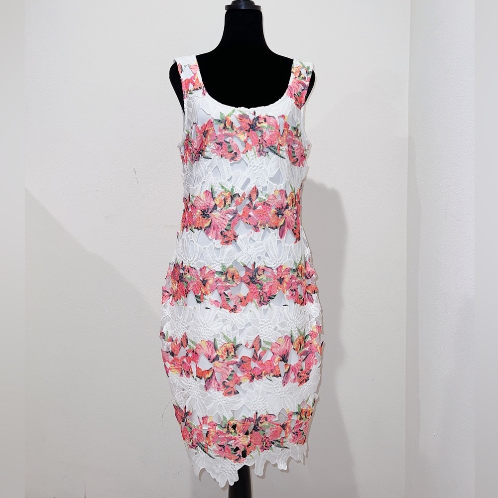 Bisou Bisou Floral Cutout Sheath Sleeveless Lace Orange White Dress Size 8
